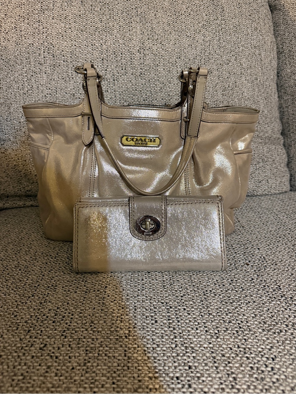 Coach Shiny Taupe Patent Leather Tote with Matching Wallet